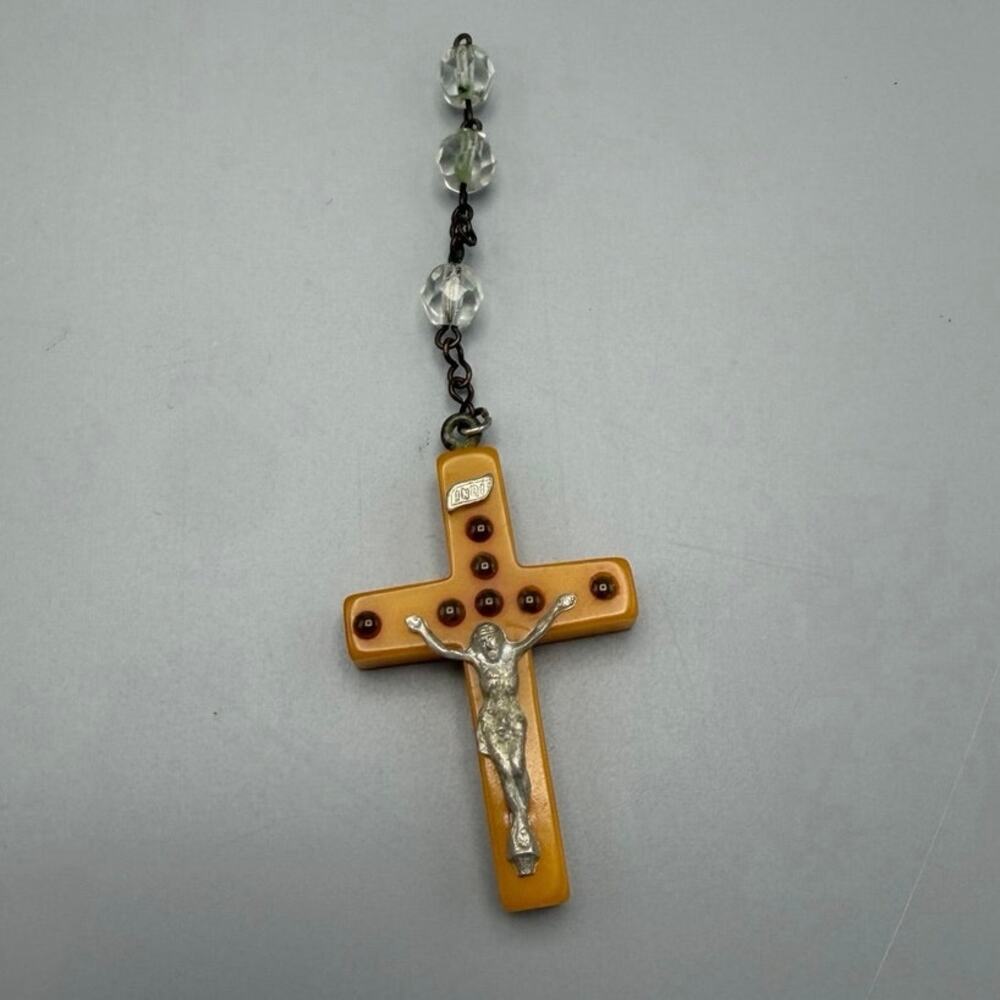 Butterscotch Bakelite Stanhope Seven Sorrows Crucifix Cross Microscopic Scenes